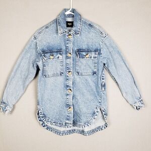 Bik Bok Size XS Big Button Denim Shirt Jacket Acid Washed Oversized 90s Grunge